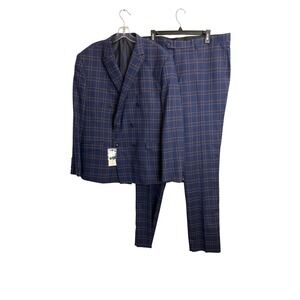 Alain Dupetit Mens 48R Slim Fit Double Breasted Windowpane Plaid Suit Navy Blue